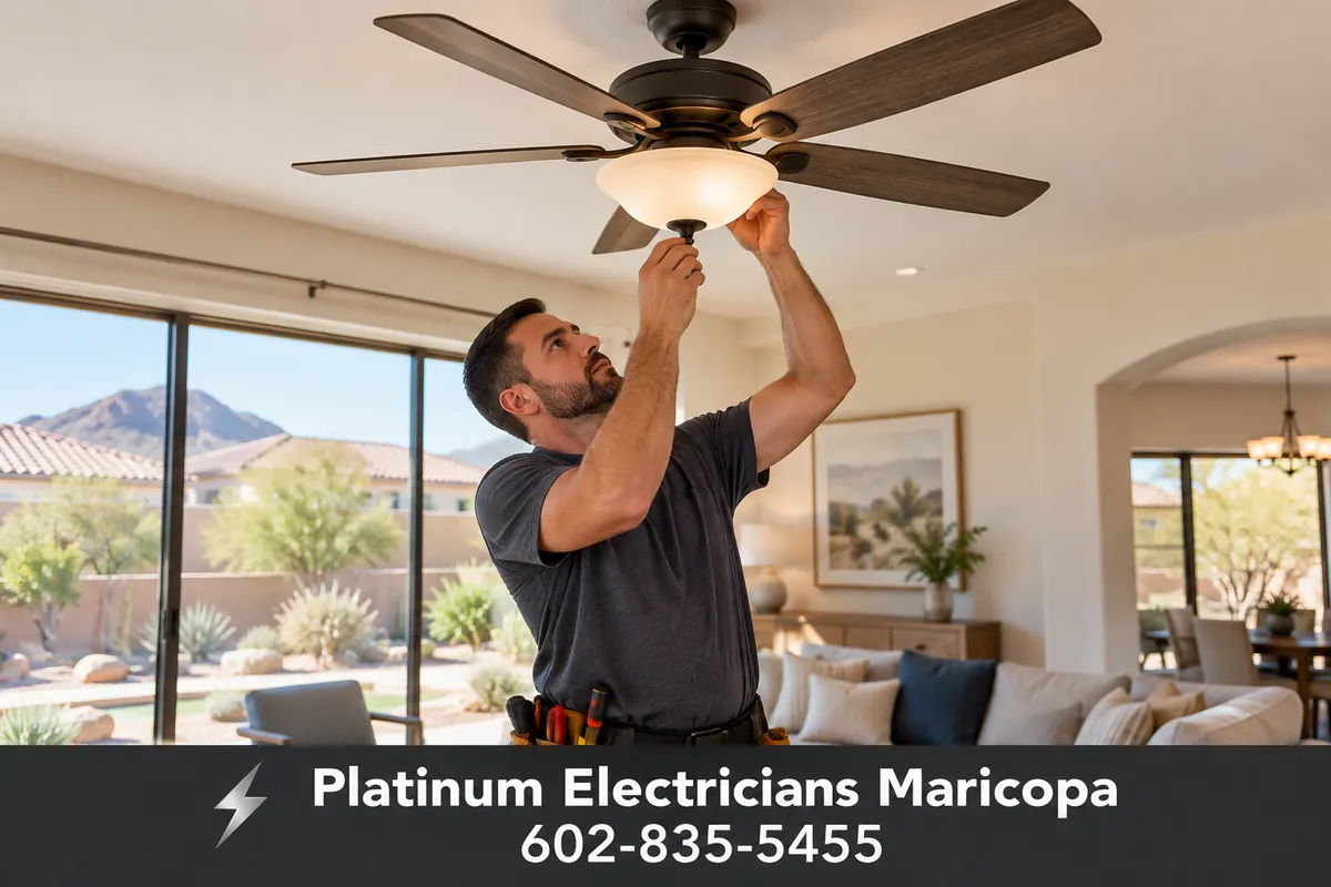 Ceiling fan with light kit installed in a bright Arizona living room