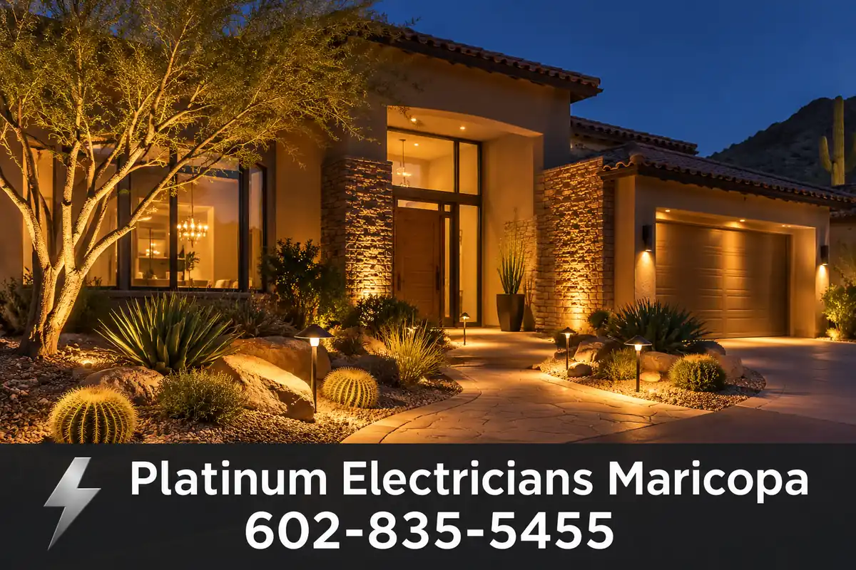 Desert-contemporary Scottsdale, Arizona home with landscape lighting at night