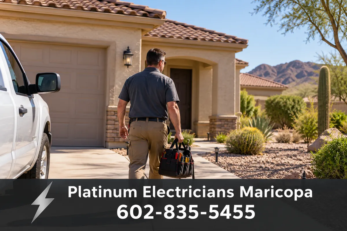 Electrician arriving at a single-story stucco home in Maricopa, Arizona